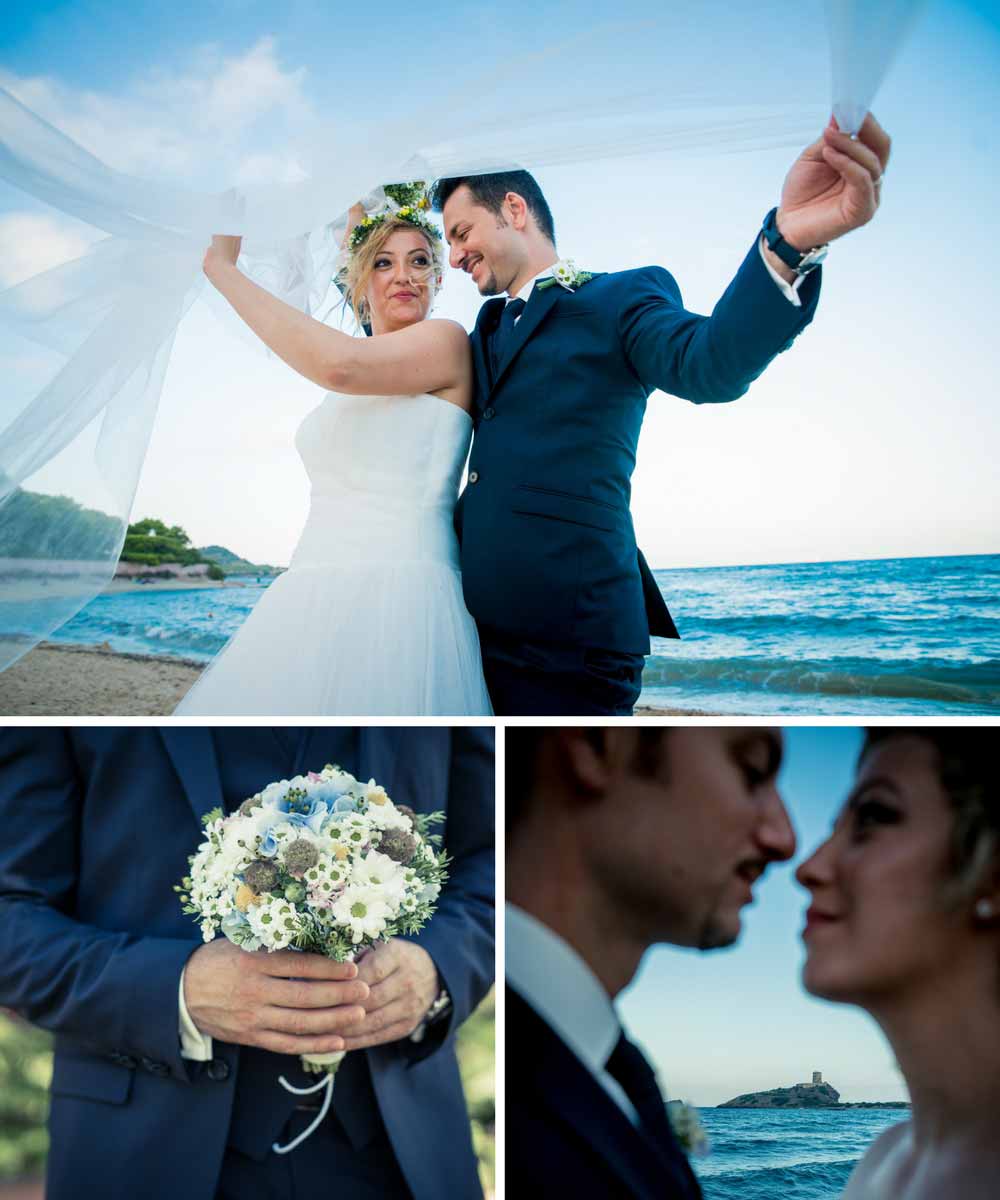 Bräutigam im Hochzeitsanzug und Braut am Strand