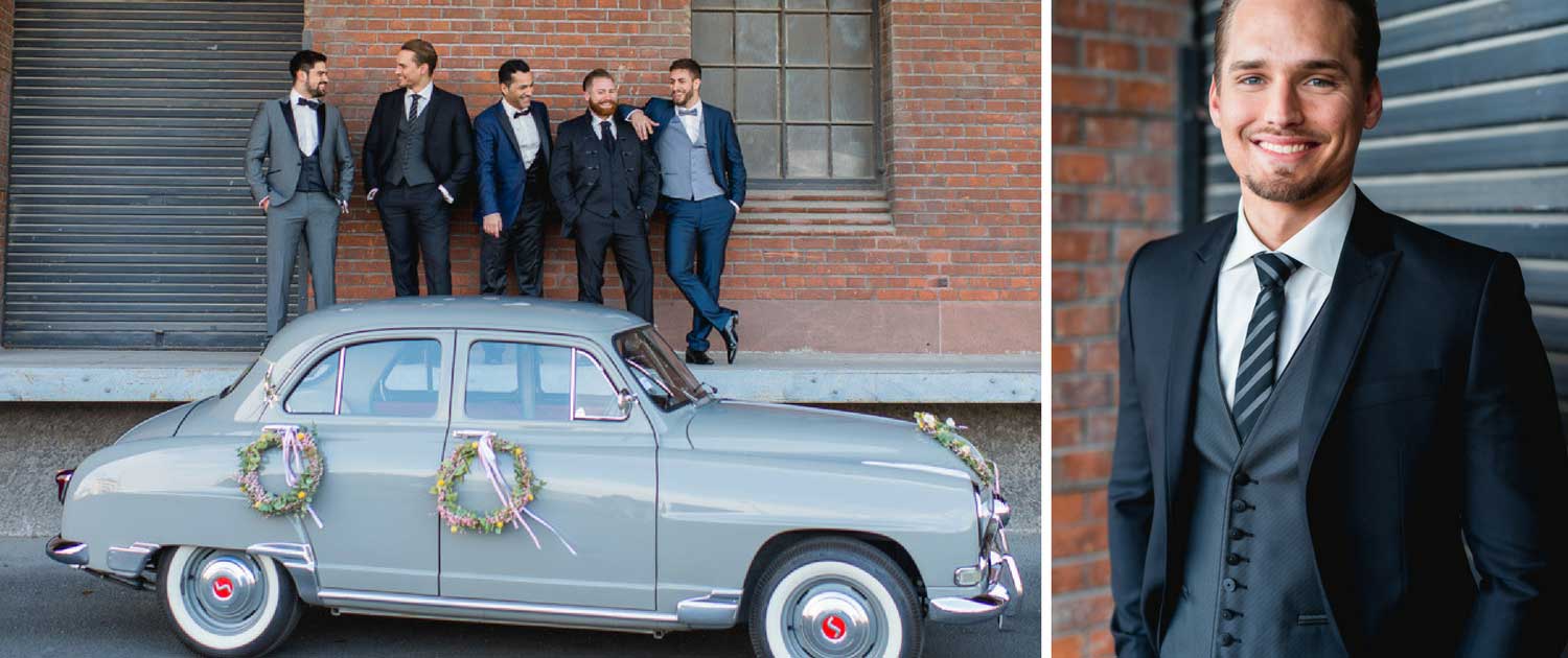 Urbaner Styled-Shoot: Bräutigame mit Auto vor Industriekulisse